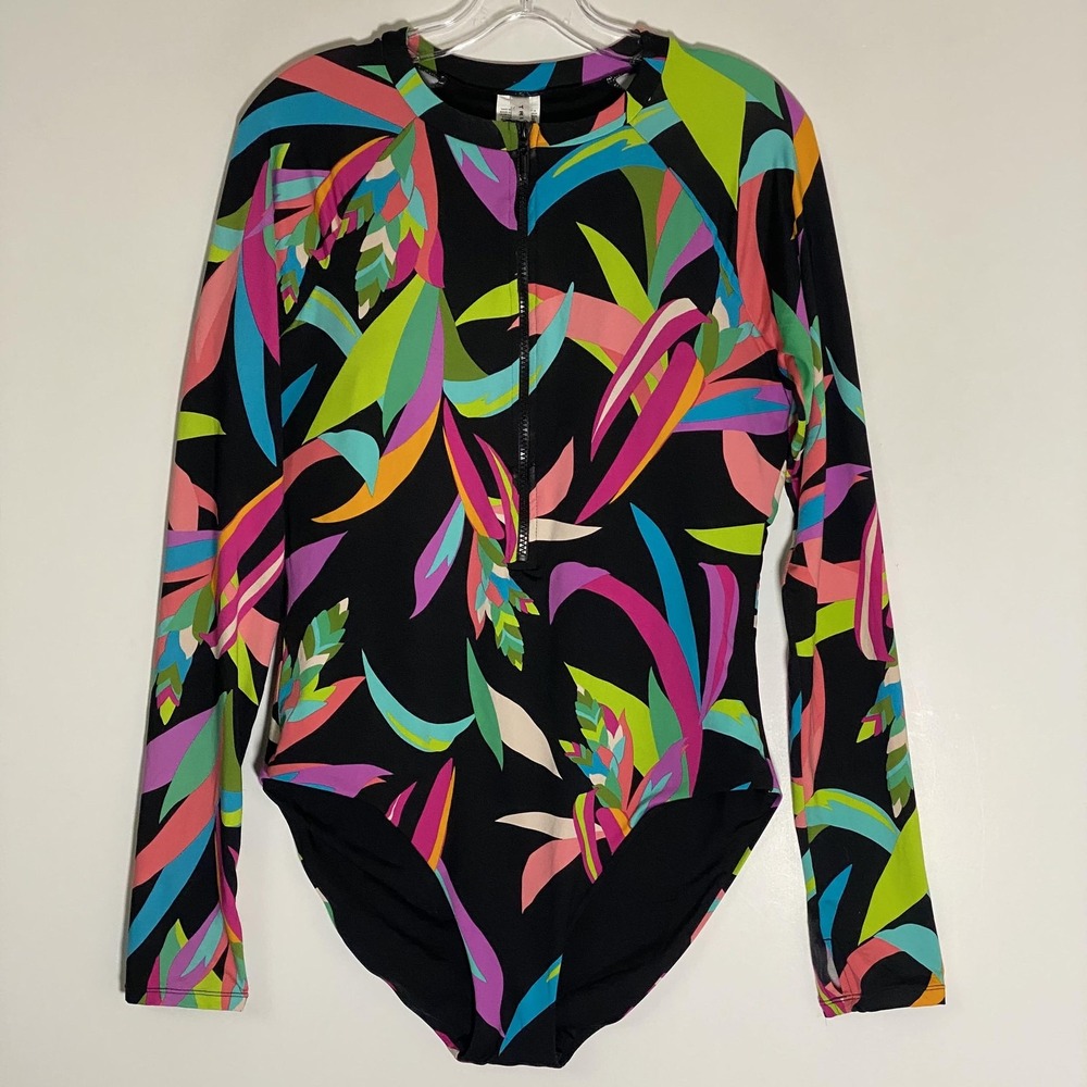 Trina Turk Paddle Swimsuit Womens XL Black Tropical Floral Zip Long Sleeve Beach